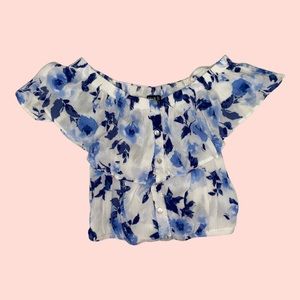 White with blue flowers off the shoulder shirt